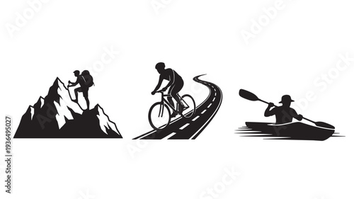 Silhouettes of a mountain climber, a cyclist on a road, and a kayaker with an oar against a white background.