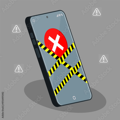 Smartphone restricted by caution tape with red prohibition sign and alert icons, symbolizing security threat or access denial.