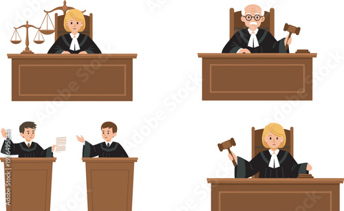 Cad drawing flat vector illustration, of judges and lawyers in courtroom for legal justice system and law practice concepts