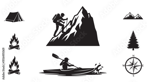 Outdoor adventure icons set with black silhouette elements including a tent, campfire, kayaker, hiker, mountains, pine tree, and compass.