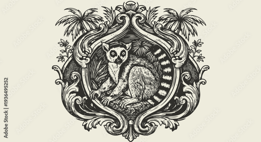 Fototapeta premium Vintage lemur illustration framed by ornate baroque scrollwork and tropical palm leaves