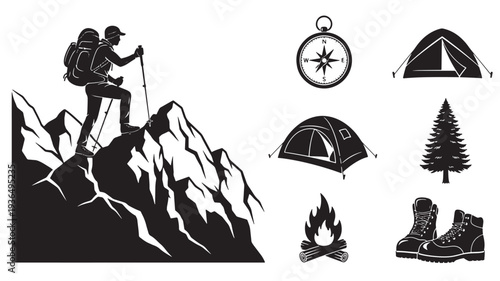 Silhouette of a hiker scaling a mountain with trekking poles, surrounded by camping essentials like tents, a compass, boots, and a campfire.