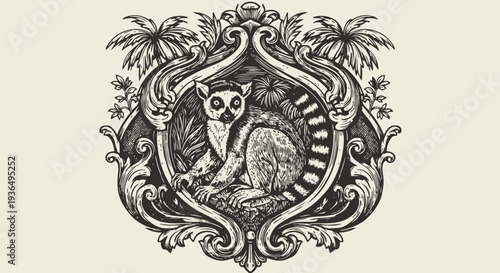 Vintage lemur illustration framed by ornate baroque scrollwork and tropical palm leaves