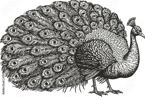 Intricate black and white peacock illustration with detailed feathers and elegant pose
