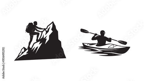 Mountain climber with backpack scaling a rocky peak and kayaker paddling a streamlined boat on wavy water, representing adventure and outdoor