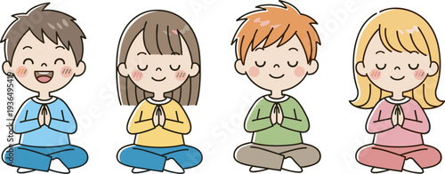 Kids sitting in meditation pose cad drawing flat vector illustration, diverse children practicing mindfulness and yoga for mental health wellness