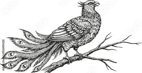 Intricate hand drawn peacock with detailed feathers perched on a bare branch illustration