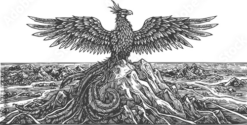 Mythical phoenix rising from mountaintop with outstretched wings in detailed black ink drawing