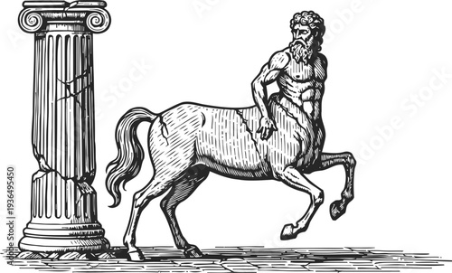 Centaur mythological creature with horse body and human torso near ancient cracked column in classical engraving