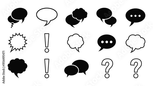 A collection of black and white speech bubbles and punctuation icons