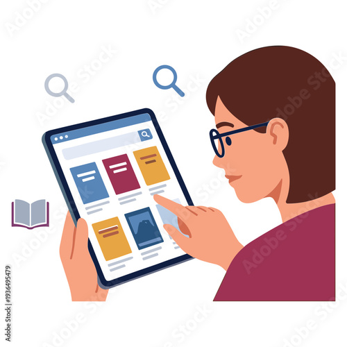 Woman searches on tablet with magnifying glass icons and book nearby.