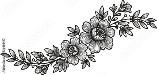 Delicate floral arrangement with hand drawn flowers and leaves in black and white illustration