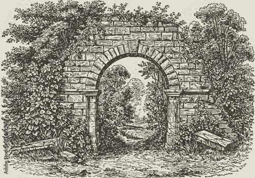 Ancient stone archway ruins surrounded by dense vegetation in a natural forest setting