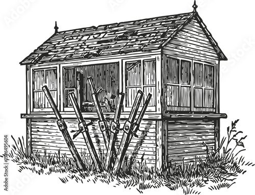 Old wooden chicken coop with multiple eggs baskets outside rustic farm poultry house illustration