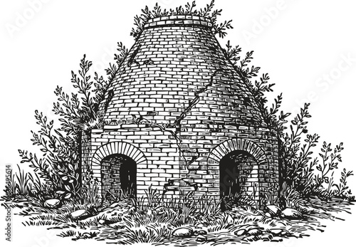 Old brick kiln surrounded by plants and stones, vintage kiln in detailed black and white illustration