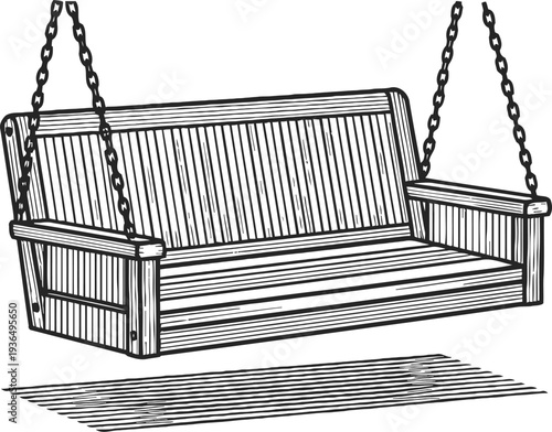 Wooden porch swing hanging with chains in vintage engraved illustration