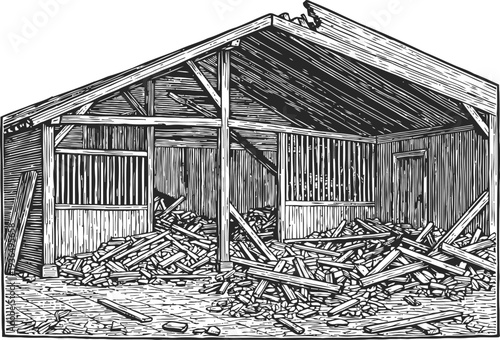 Old wooden barn structure with scattered timber and broken roof beams, rustic construction site