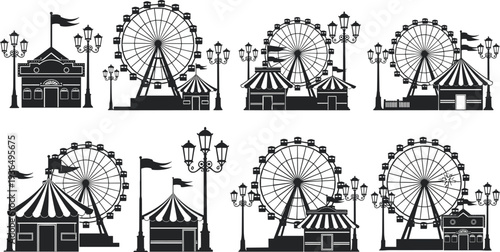 Set of Carnival Amusement Park Silhouettes Featuring Ferris Wheel Circus Tents and Street Lamps for Fairground Entertainment and Summer Festival Design