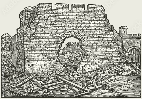 Ruined stone castle wall with crumbled arch and debris old medieval fortress remains, historical architecture illustration