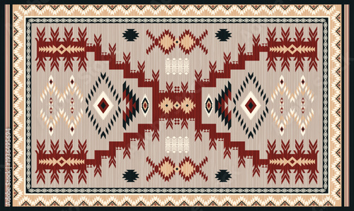 Navajo storm pattern rug style vector.Sacred mountain symbolism with central rectangular motif connecting four corners.Representing weather,lightning.Carpet southwestern tribal geometric illustration.
