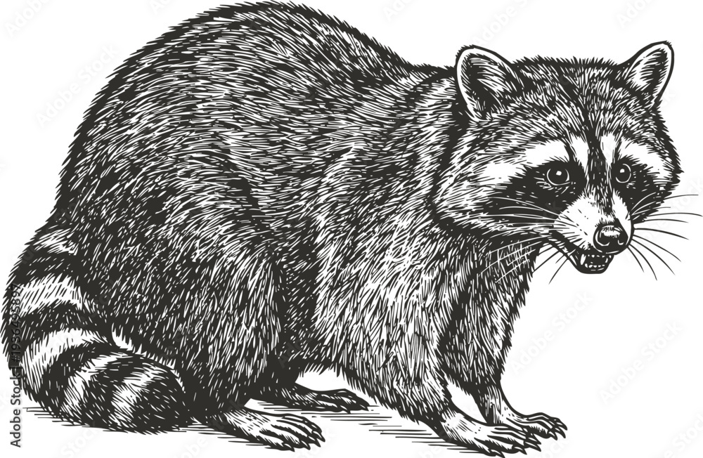 Obraz premium raccoon detailed black and white illustration wild animal with striped tail and mask like facial features, forest creature drawing