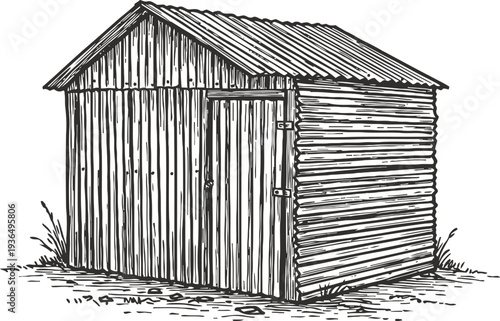Rustic wooden shed with door, farm building sketch, countryside structure drawing