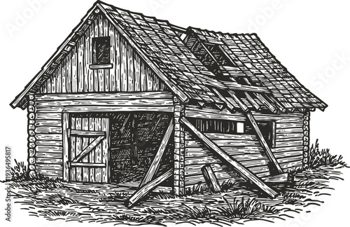 Old wooden barn with broken roof and door vintage rustic farm building in countryside nature sketch