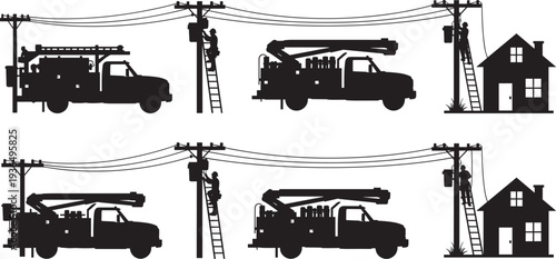 Set of Electrician Lineman Silhouettes Repairing Power Lines Using Utility Trucks and Ladders for Electrical Grid Maintenance and Residential Service