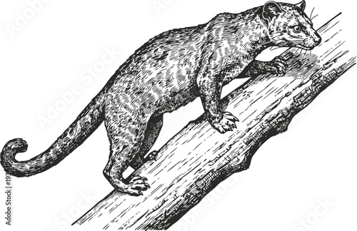 illustration of a small wild carnivorous animal climbing on a tree branch, detailed black and white drawing