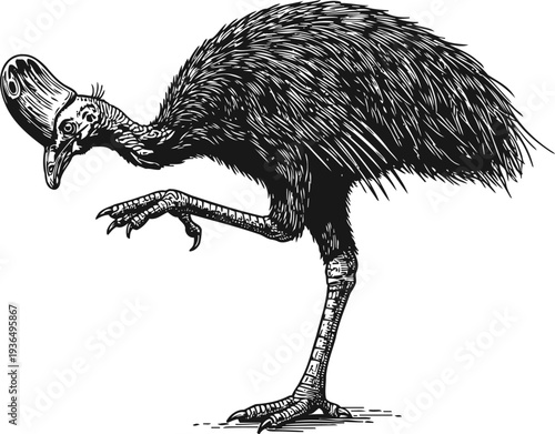Cassowary bird drawing with detailed feathers and distinctive casque standing on one leg