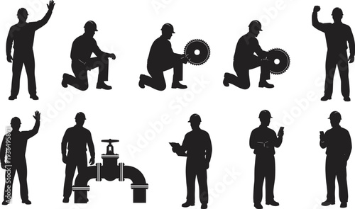Set of Industrial Construction Worker Silhouettes Operating Machinery Cutting with Saw and Using Pipelines for Factory Maintenance and Building Projects