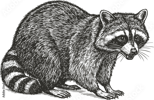 raccoon detailed black and white illustration wild animal with striped tail and mask like facial features, forest creature drawing