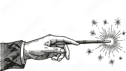 vintage hand holding magic wand with sparkling stars and glowing light effect