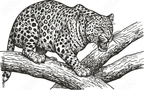 jaguar stalking on tree branch, snarling wild big cat showing teeth in fierce pose