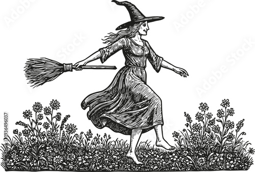 witch walking barefoot on grass with broomstick hat and long dress vintage halloween illustration