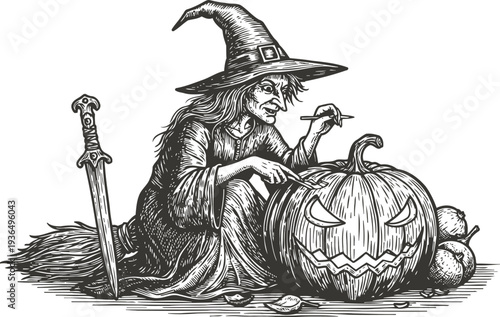 Witch carving spooky jack o lantern pumpkin with sword and broomstick halloween illustration