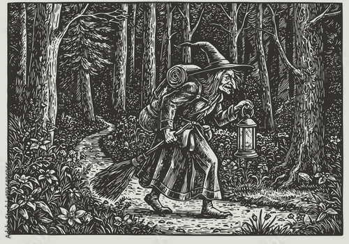 Witch walking through dark forest path with broom and lantern, spooky folklore scene