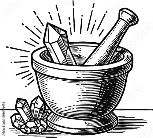 Vintage mortar and pestle with crystals herbal medicine and alchemy tool illustration