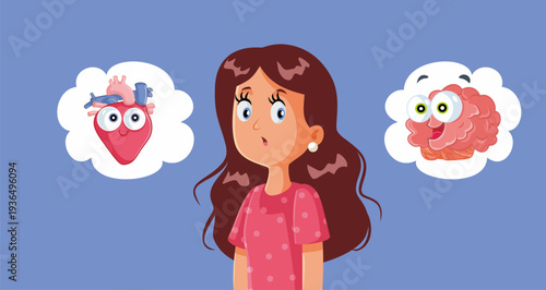 Confused Woman Choosing Reasoning or Love Vector Illustration. Puzzled lady deciding between her brain or heart 
