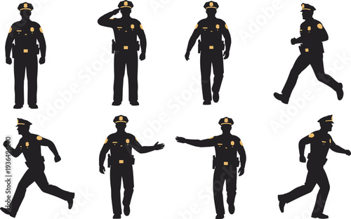 Set of Police Officer Silhouettes Standing Saluting Running and Directing Traffic with Gold Badges for Law Enforcement and Security Design