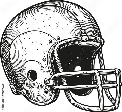 detailed hand drawn illustration of a classic american football helmet with faceguard