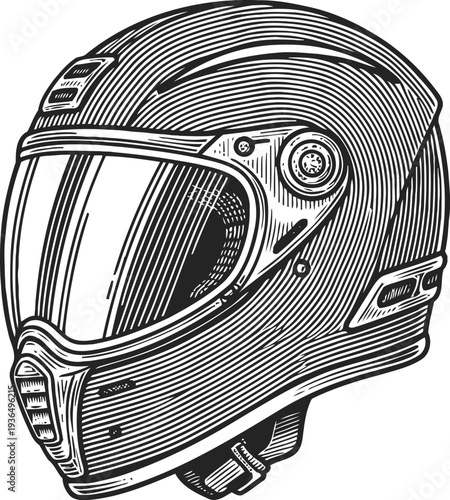 Detailed vintage motorcycle helmet illustration with protective visor and ventilation system