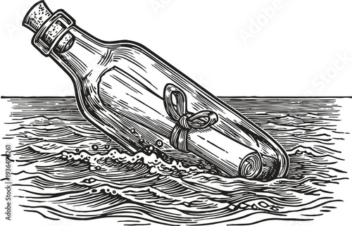 Message in a bottle floating on ocean water with rolled letter inside vintage engraving