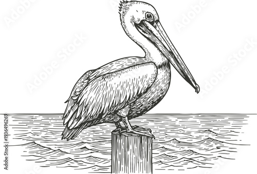 Detailed hand drawn pelican perched on wooden post over ocean waves black and white illustration