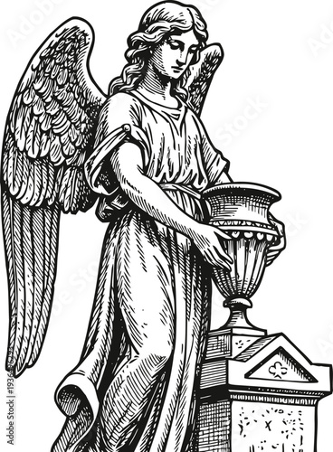 angel statue holding urn memorial sculpture with wings, classical figure in mourning and remembrance