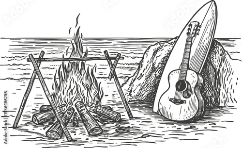Campfire on the beach with acoustic guitar leaning on rock and surfboard by the sea