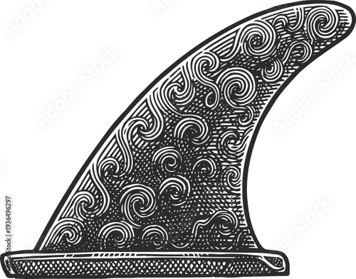 Ornate vintage surfboard fin with intricate swirling wave patterns engraved in black and white