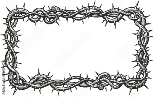 Rectangular thorny crown frame design with sharp curved spikes and intertwined branches border