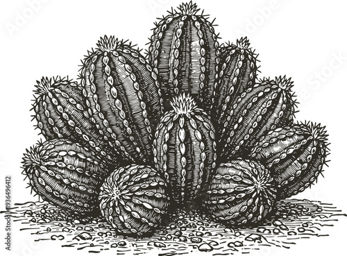 Cluster of detailed prickly cacti with spines and textured patterns in vintage engraving