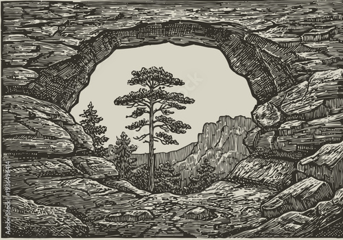 Natural rock arch opening to forest landscape with pine trees and distant cliffs, vintage engraving